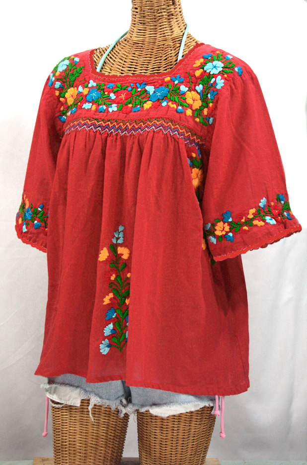 "La Marina" Embroidered Mexican Peasant Blouse -Tomato Red + Fiesta Embroidery
