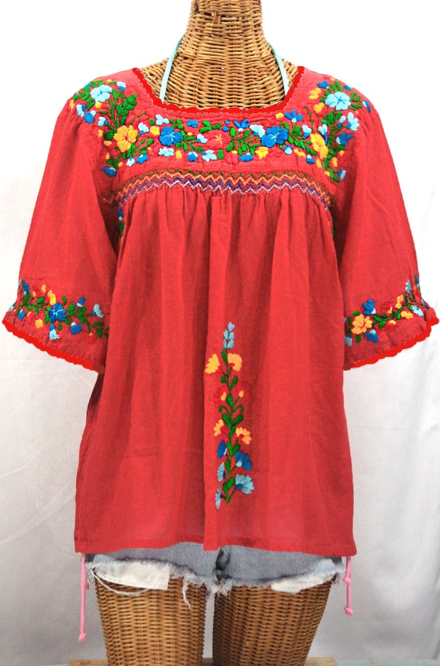 "La Marina" Embroidered Mexican Peasant Blouse -Tomato Red + Fiesta Embroidery