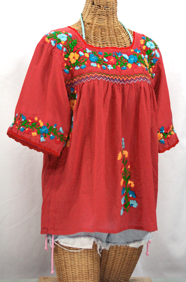 "La Marina" Embroidered Mexican Peasant Blouse -Tomato Red + Fiesta Embroidery