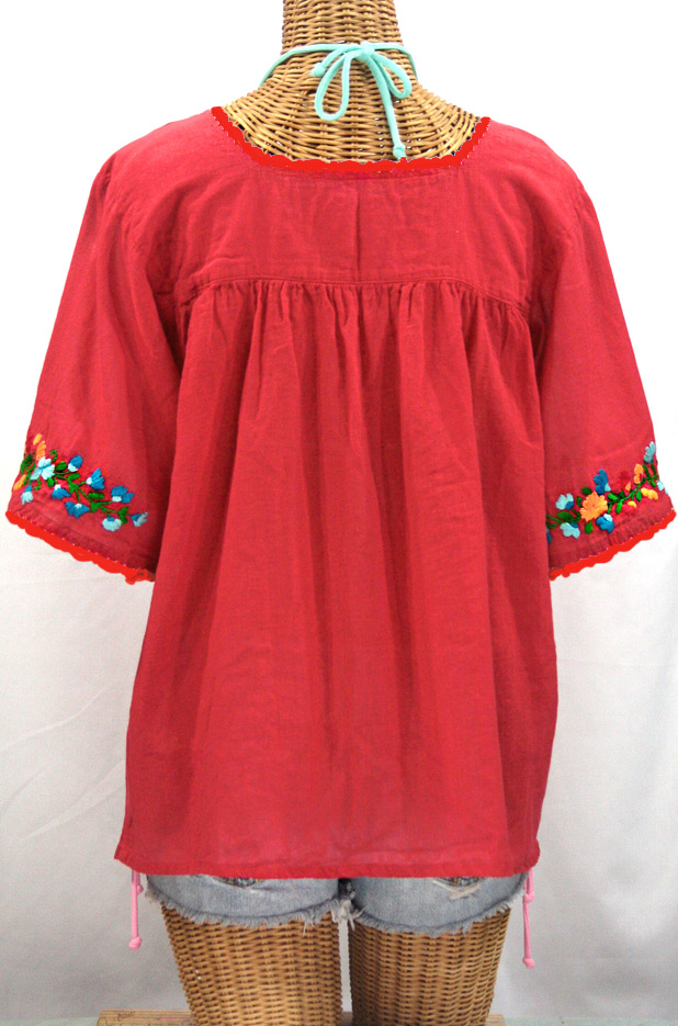 "La Marina" Embroidered Mexican Peasant Blouse -Tomato Red + Fiesta Embroidery