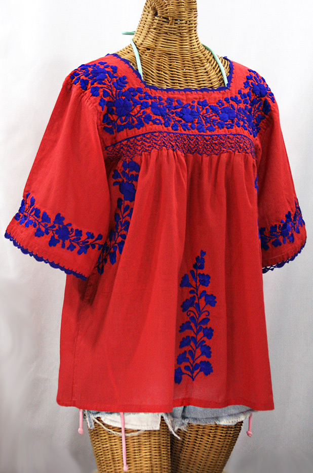 "La Marina" Embroidered Mexican Peasant Blouse - Tomato Red + Blue Embroidery