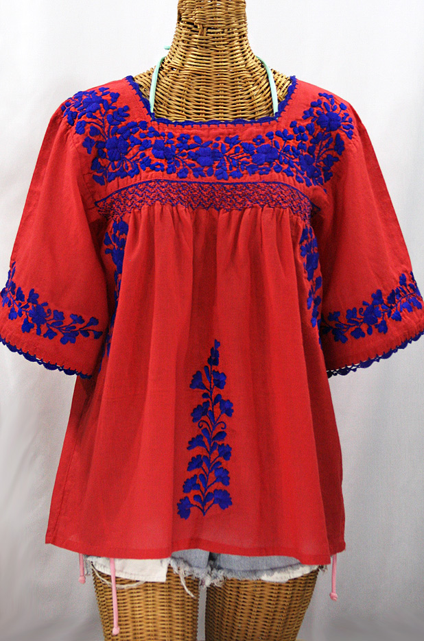 "La Marina" Embroidered Mexican Peasant Blouse - Tomato Red + Blue Embroidery