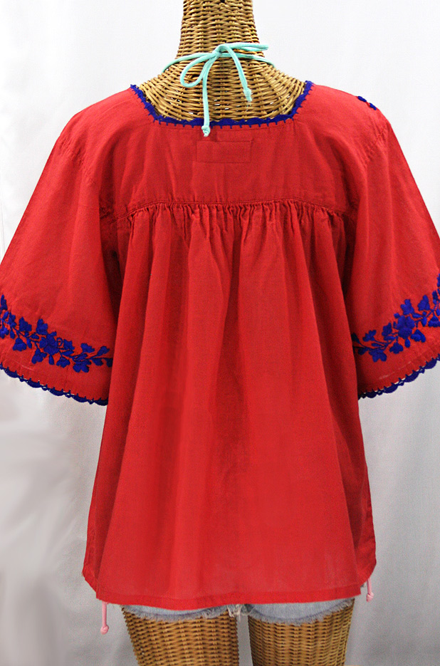 "La Marina" Embroidered Mexican Peasant Blouse - Tomato Red + Blue Embroidery