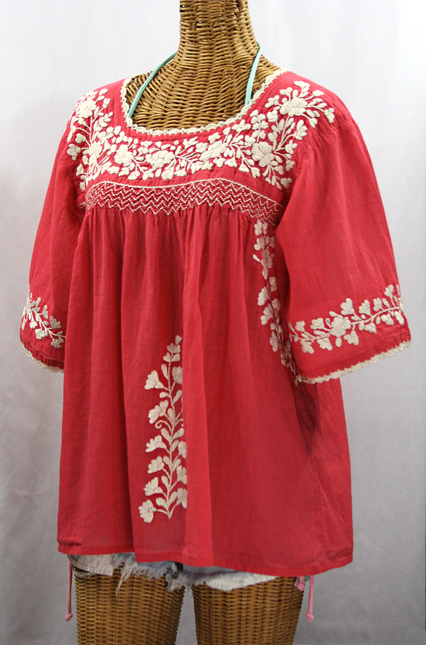 "La Marina" Embroidered Mexican Peasant Blouse - Tomato Red + Cream Embroidery