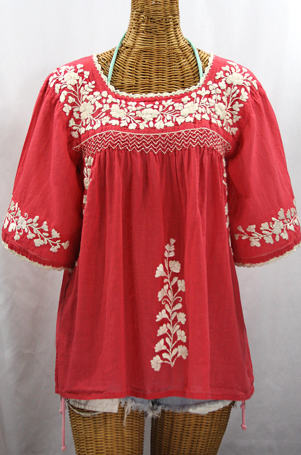 "La Marina" Embroidered Mexican Peasant Blouse - Tomato Red + Cream Embroidery