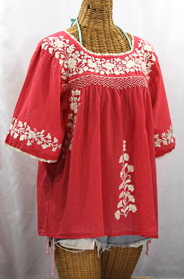 "La Marina" Embroidered Mexican Peasant Blouse - Tomato Red + Cream Embroidery