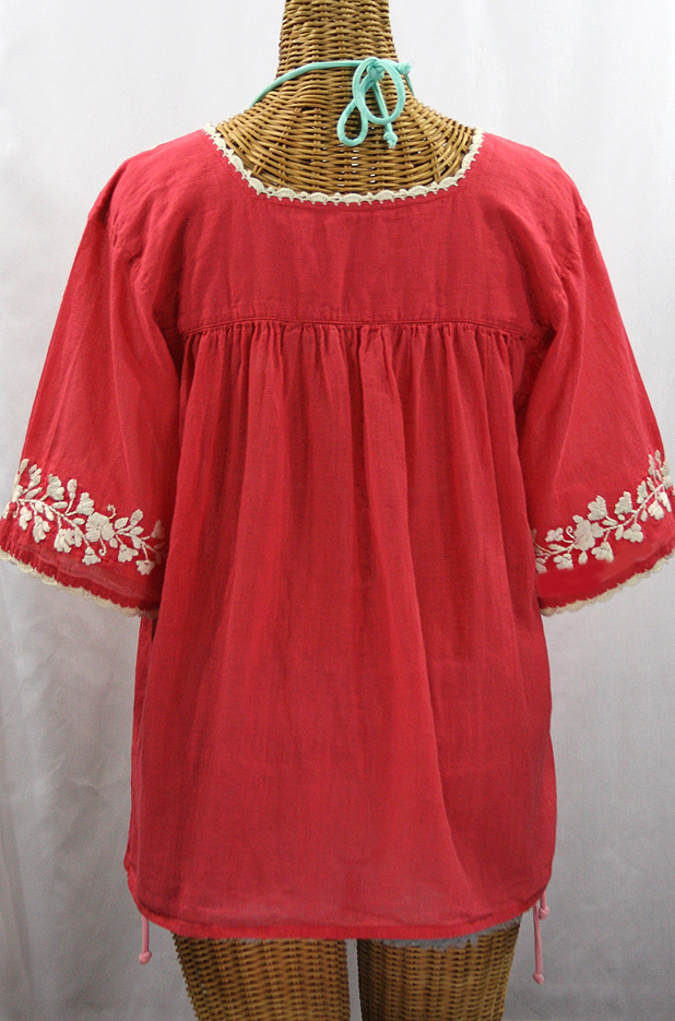 "La Marina" Embroidered Mexican Peasant Blouse - Tomato Red + Cream Embroidery