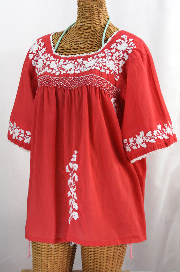 "La Marina" Embroidered Mexican Blouse - Tomato Red + White Embroidery