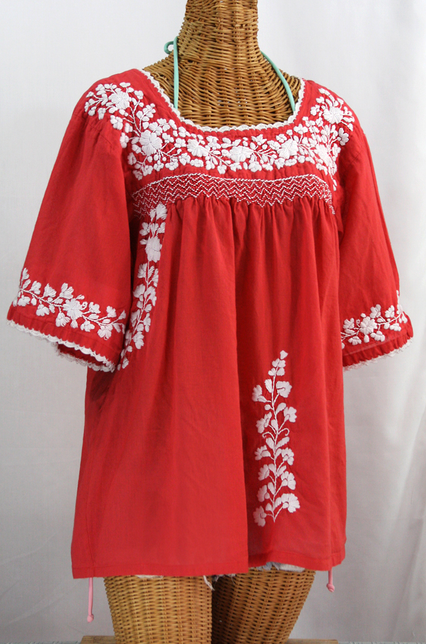 "La Marina" Embroidered Mexican Blouse - Tomato Red + White Embroidery