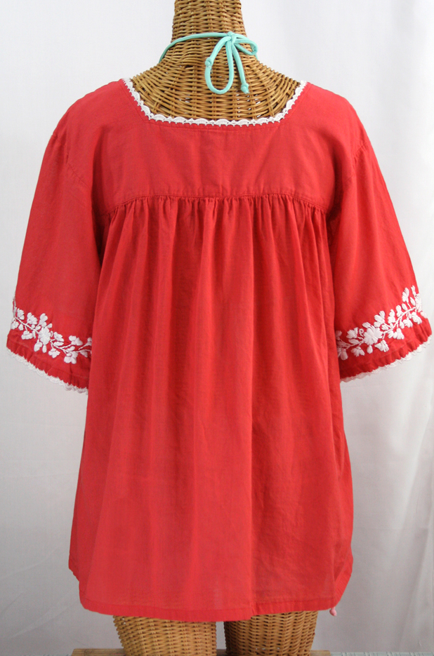 "La Marina" Embroidered Mexican Blouse - Tomato Red + White Embroidery