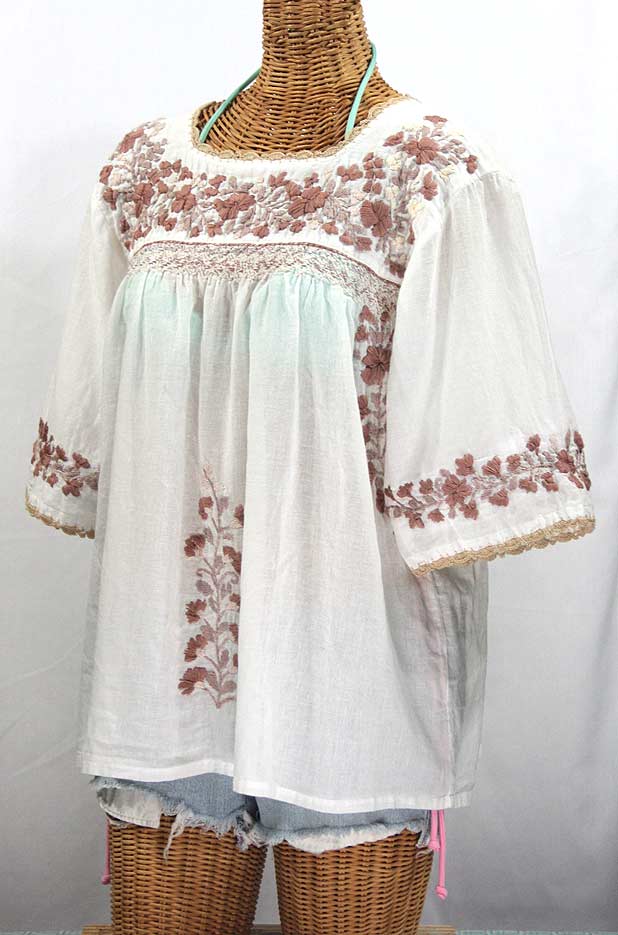 "La Marina" Embroidered Mexican Peasant Blouse - White + Cocoa-Tone Embroidery