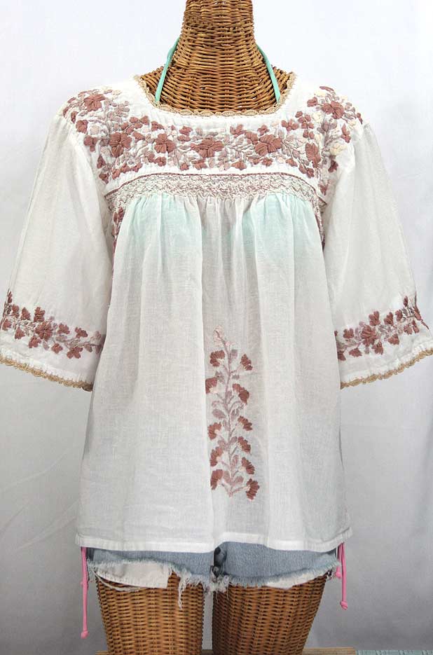 "La Marina" Embroidered Mexican Peasant Blouse - White + Cocoa-Tone Embroidery