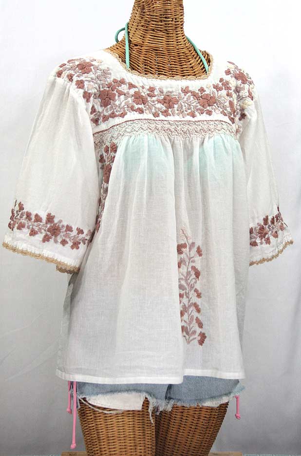 "La Marina" Embroidered Mexican Peasant Blouse - White + Cocoa-Tone Embroidery