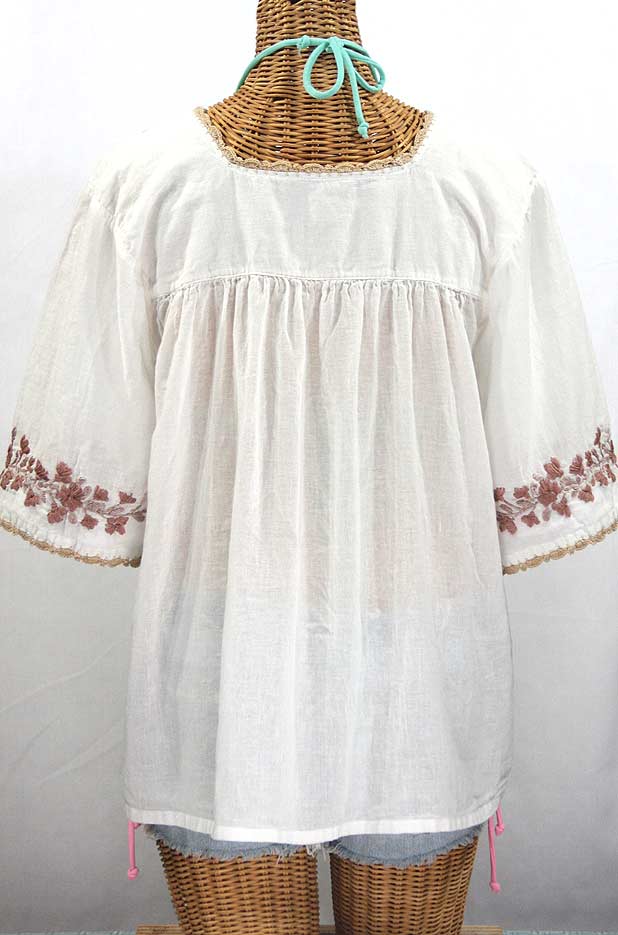 "La Marina" Embroidered Mexican Peasant Blouse - White + Cocoa-Tone Embroidery
