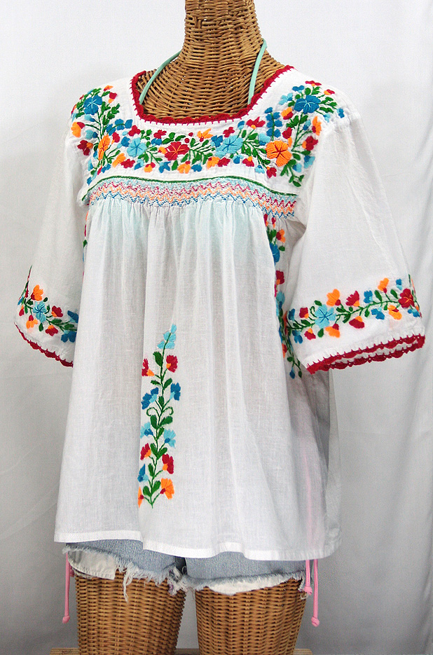 "La Marina" Embroidered Mexican Blouse -White + Fiesta Embroidery