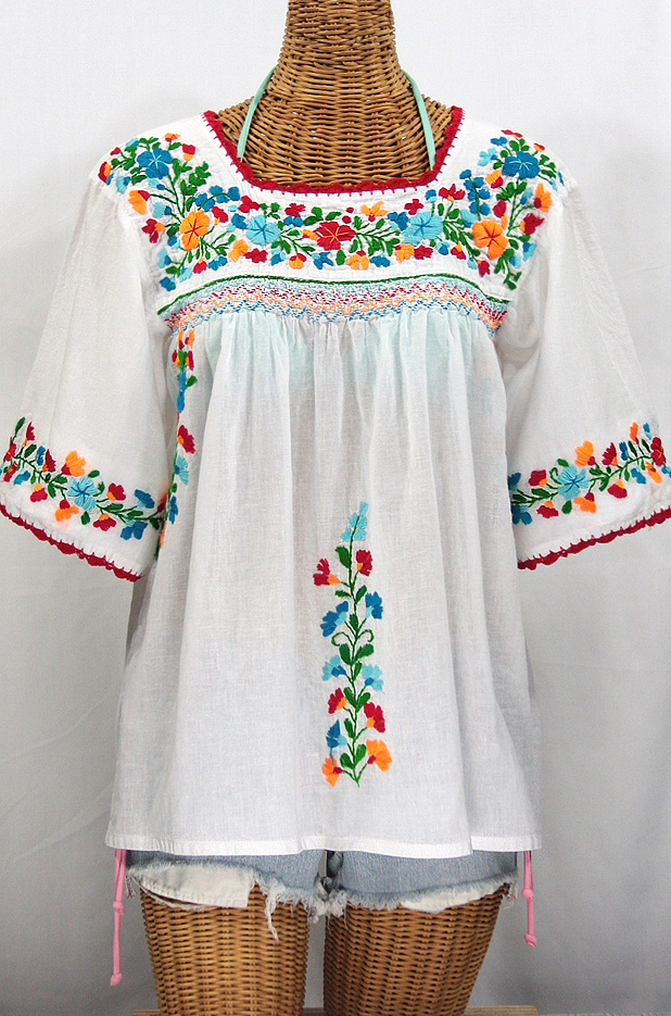 "La Marina" Embroidered Mexican Blouse -White + Fiesta Embroidery