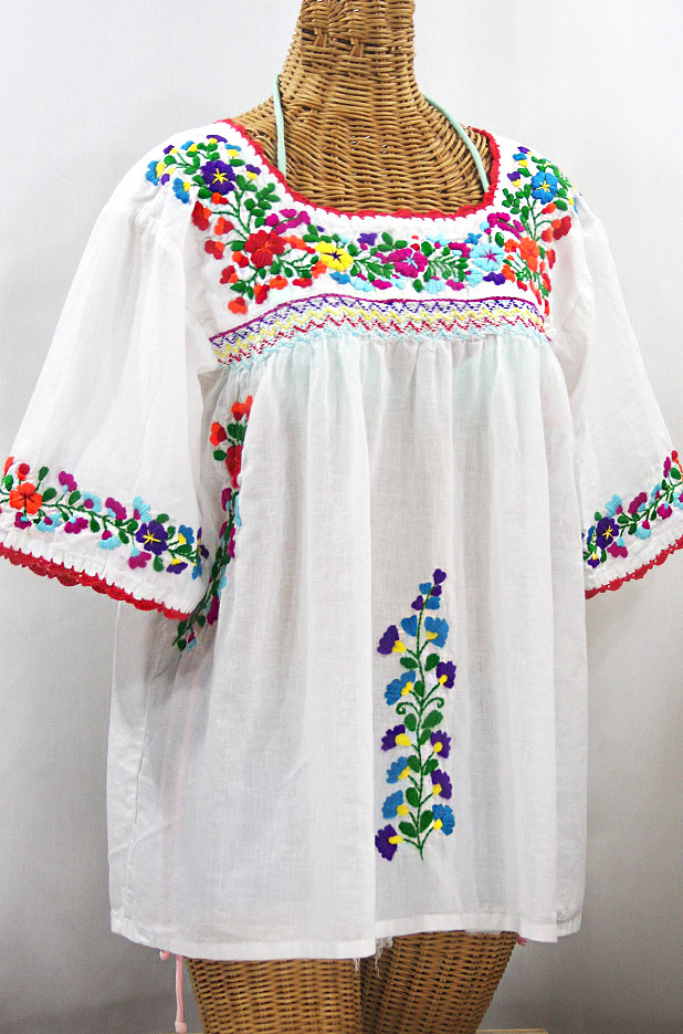 "La Marina" Embroidered Mexican Peasant Blouse - White + Rainbow Embroidery