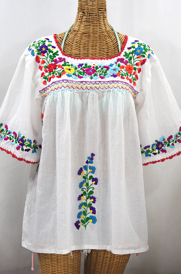 "La Marina" Embroidered Mexican Peasant Blouse - White + Rainbow Embroidery