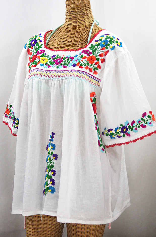 "La Marina" Embroidered Mexican Peasant Blouse - White + Rainbow Embroidery