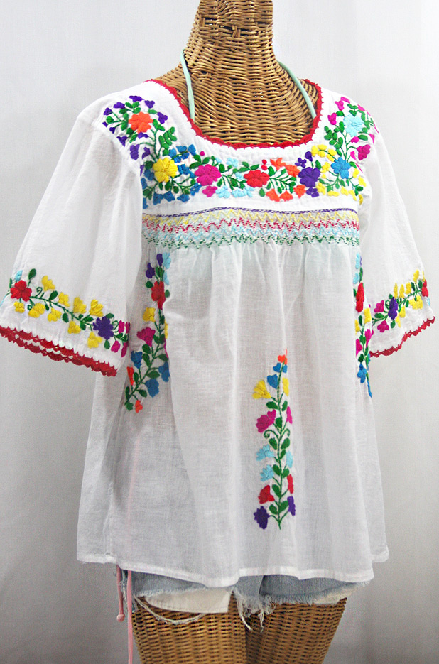 "La Marina" Embroidered Mexican Peasant Blouse - White + Rainbow Embroidery