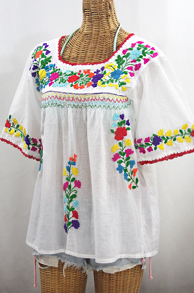 "La Marina" Embroidered Mexican Peasant Blouse - White + Rainbow Embroidery