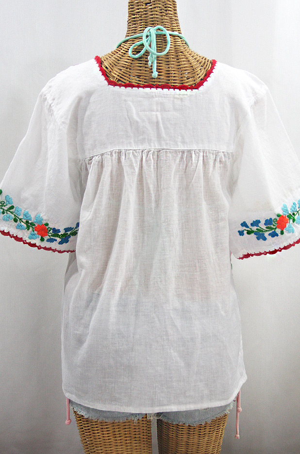 "La Marina" Embroidered Mexican Peasant Blouse - White + Rainbow Embroidery