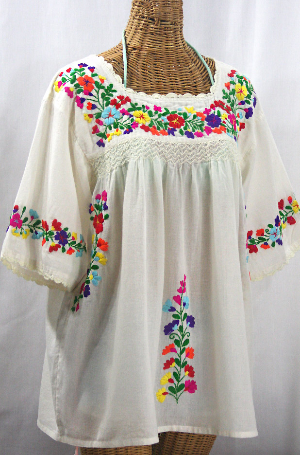 "La Marina" Embroidered Mexican Peasant Blouse -Off White + Rainbow + Off White Trim