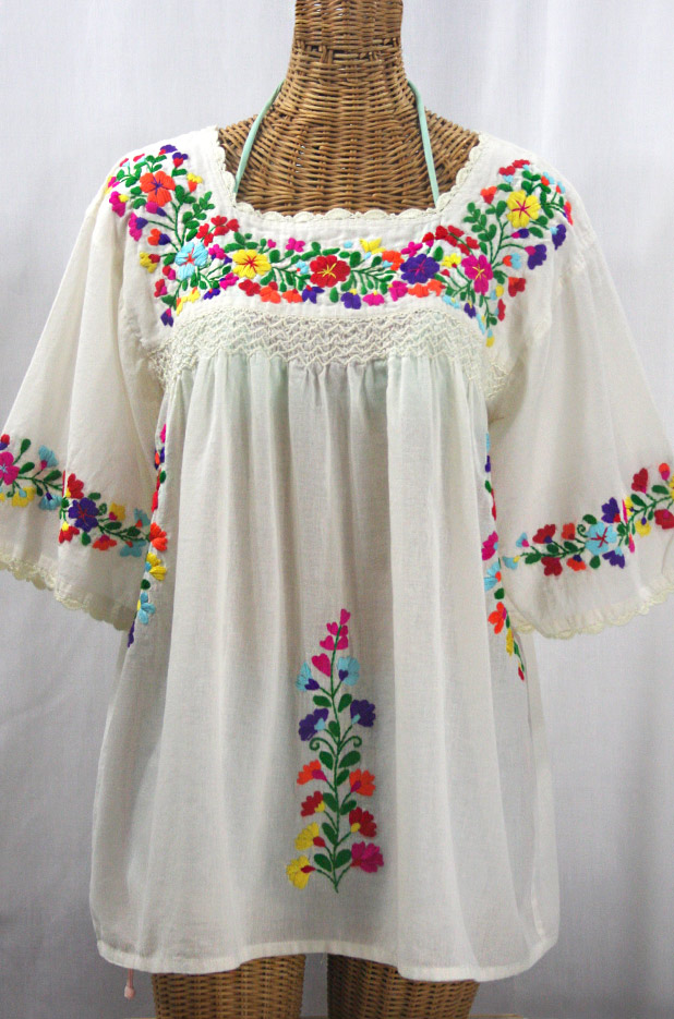 "La Marina" Embroidered Mexican Peasant Blouse -Off White + Rainbow + Off White Trim