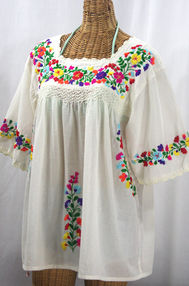 "La Marina" Embroidered Mexican Peasant Blouse -Off White + Rainbow + Off White Trim