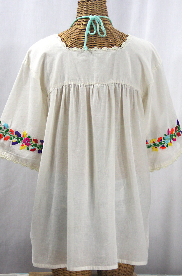 "La Marina" Embroidered Mexican Peasant Blouse -Off White + Rainbow + Off White Trim