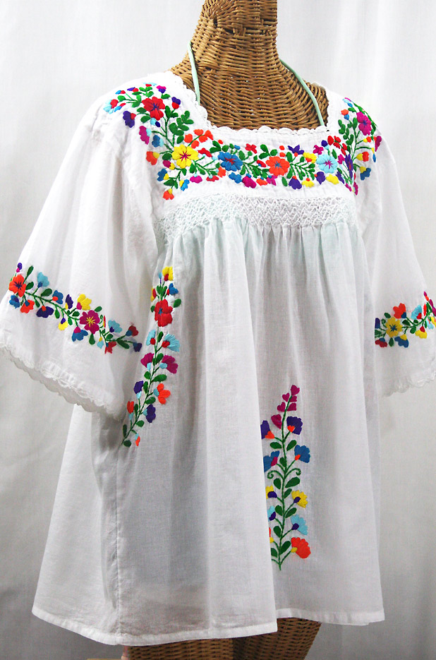 "La Marina" Embroidered Mexican Peasant Blouse - White + Rainbow Embroidery + White Trim
