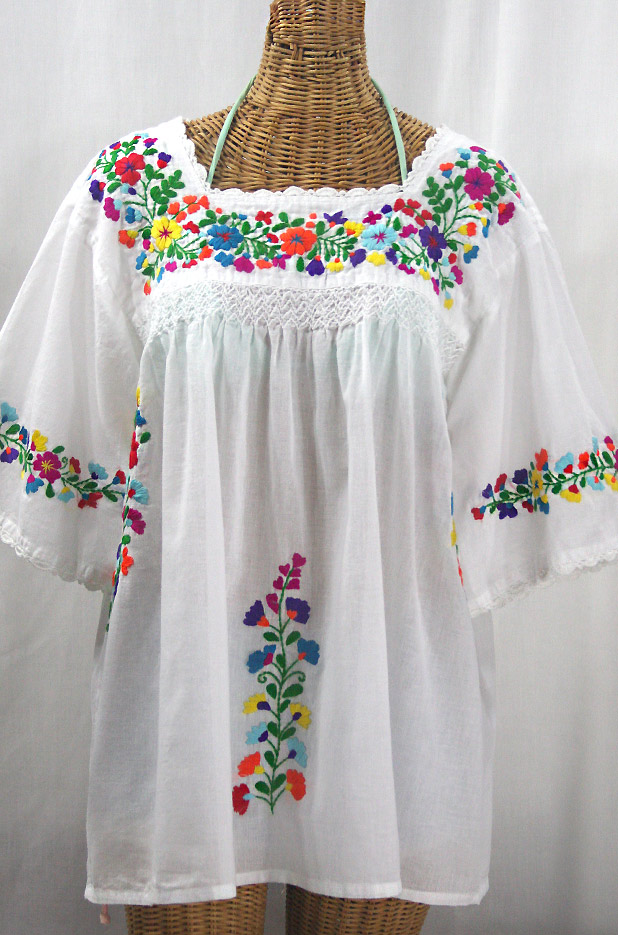 "La Marina" Embroidered Mexican Peasant Blouse - White + Rainbow Embroidery + White Trim