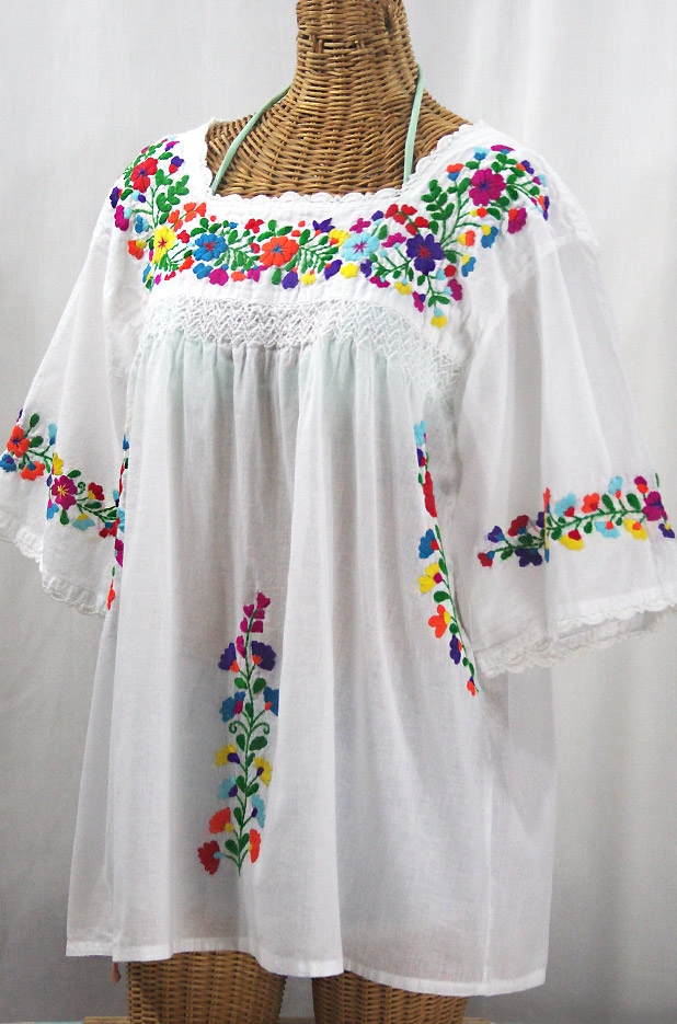 "La Marina" Embroidered Mexican Peasant Blouse - White + Rainbow Embroidery + White Trim