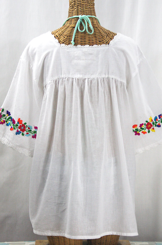 "La Marina" Embroidered Mexican Peasant Blouse - White + Rainbow Embroidery + White Trim