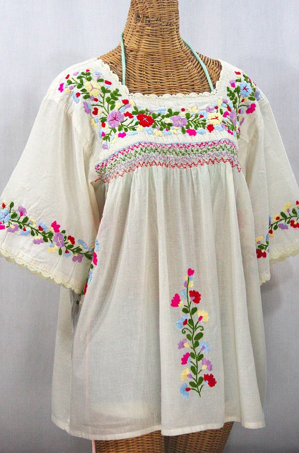 "La Marina" Embroidered Mexican Peasant Blouse -Off White + Multi + Off White Trim