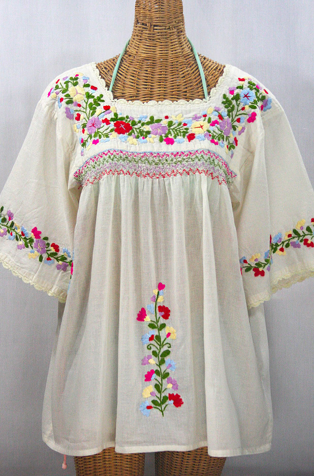 "La Marina" Embroidered Mexican Peasant Blouse -Off White + Multi + Off White Trim