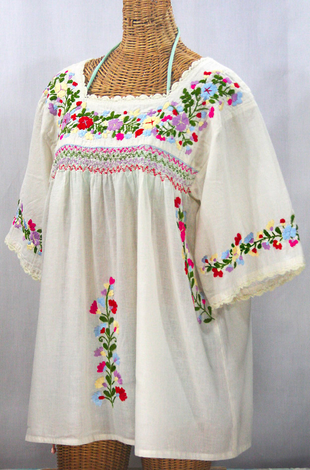 "La Marina" Embroidered Mexican Peasant Blouse -Off White + Multi + Off White Trim