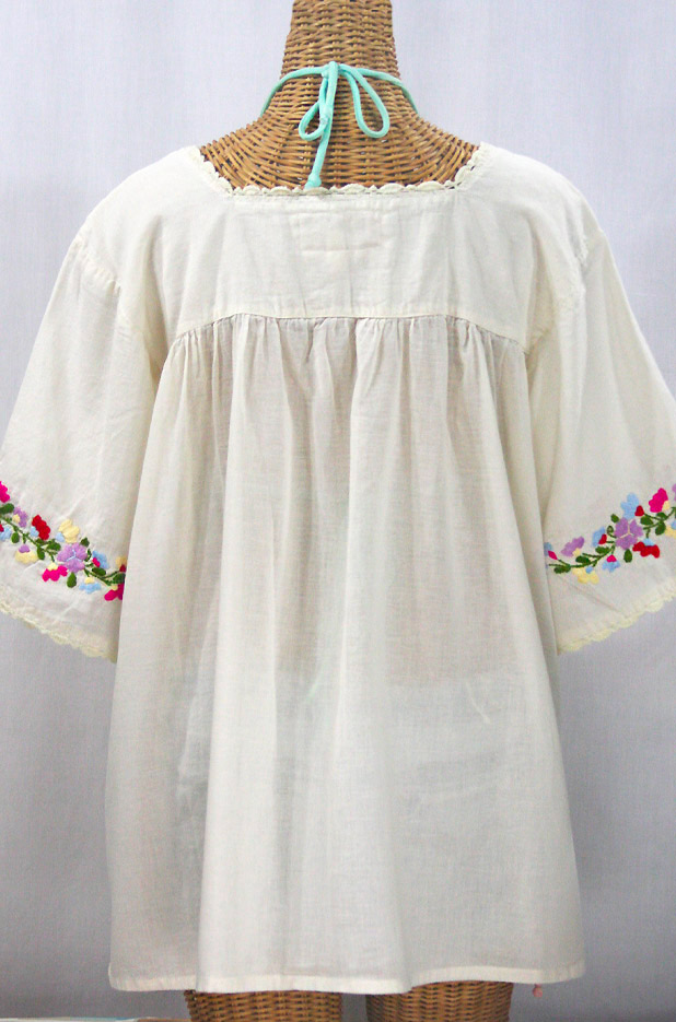 "La Marina" Embroidered Mexican Peasant Blouse -Off White + Multi + Off White Trim