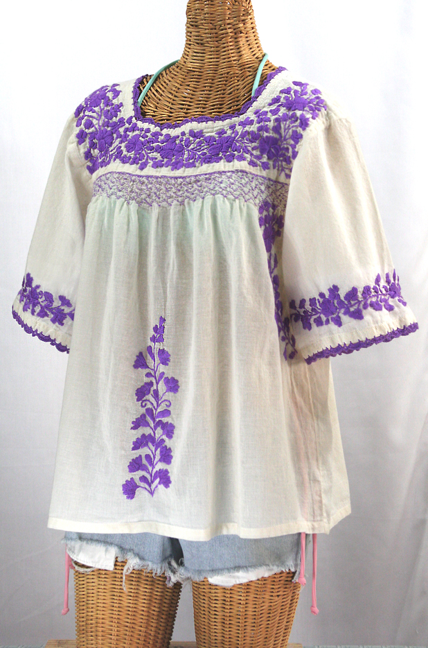 "La Marina" Embroidered Mexican Blouse -Off White + Purple