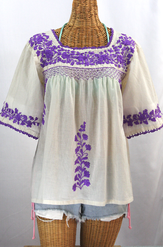 "La Marina" Embroidered Mexican Blouse -Off White + Purple