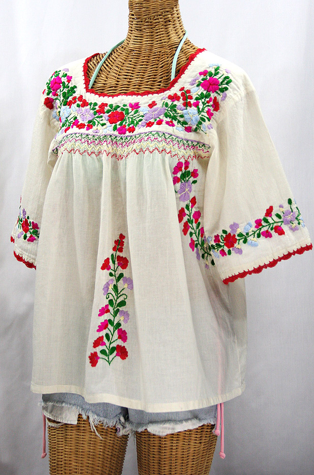 "La Marina" Embroidered Mexican Peasant Blouse -Off White + Bright Multi