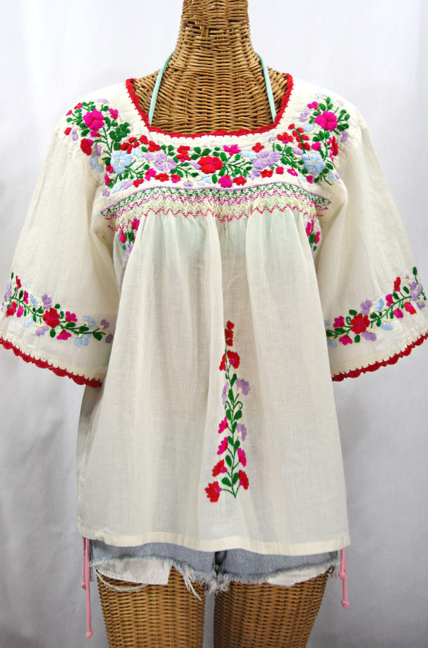 "La Marina" Embroidered Mexican Peasant Blouse -Off White + Bright Multi