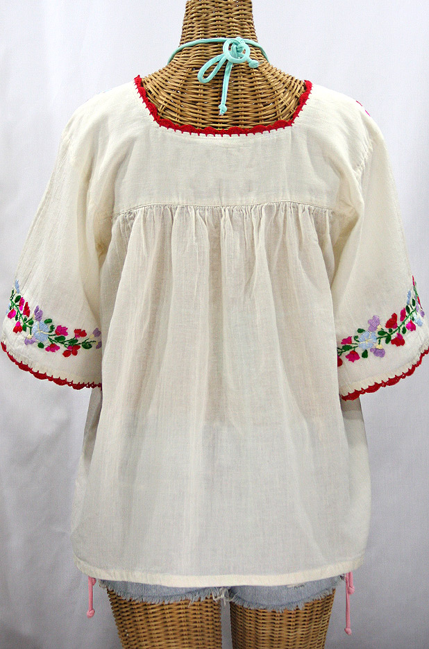 "La Marina" Embroidered Mexican Peasant Blouse -Off White + Bright Multi