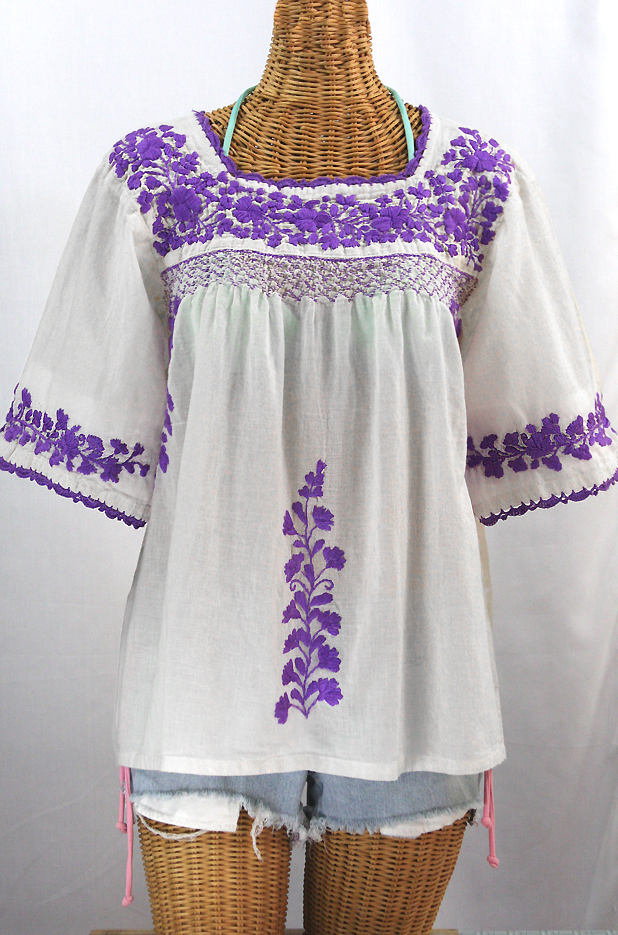 "La Marina" Embroidered Mexican Blouse -White + Purple