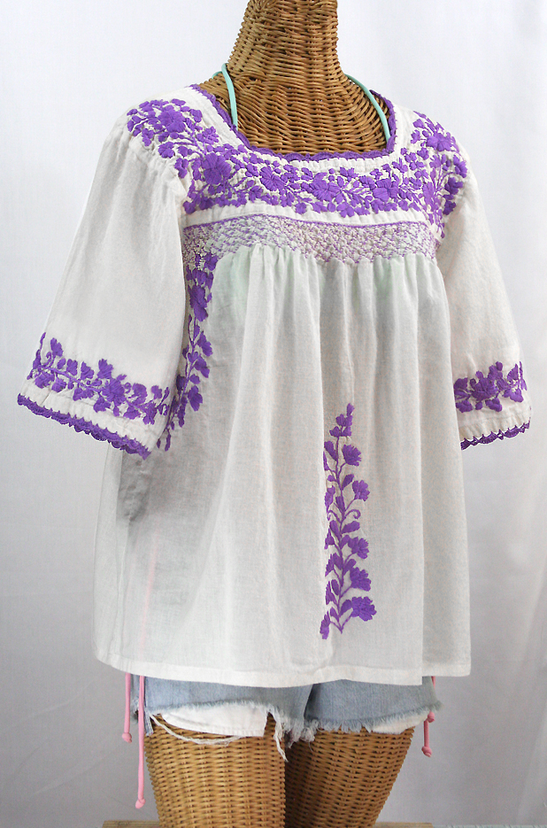 "La Marina" Embroidered Mexican Blouse -White + Purple