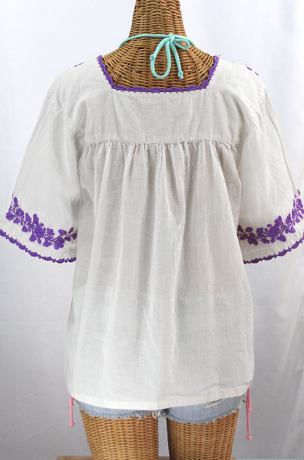 "La Marina" Embroidered Mexican Blouse -White + Purple