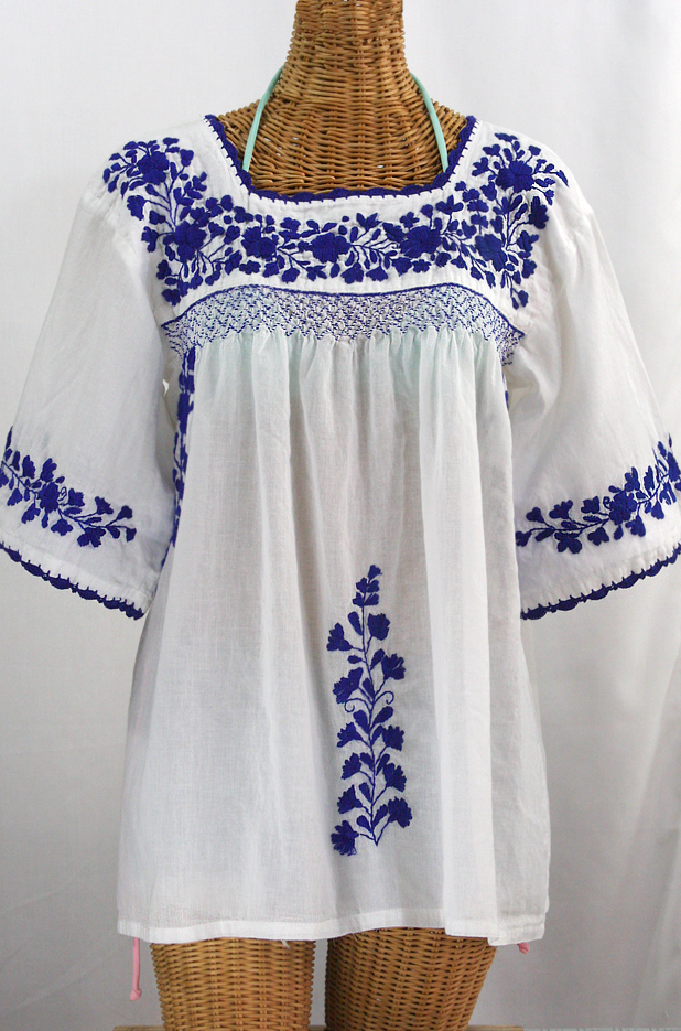 "La Marina" Embroidered Mexican Blouse -White + Blue