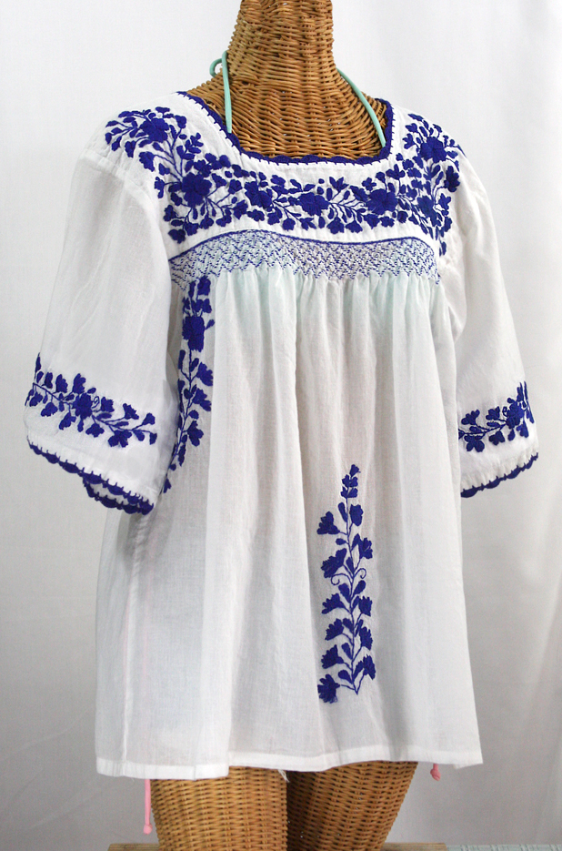 "La Marina" Embroidered Mexican Blouse -White + Blue