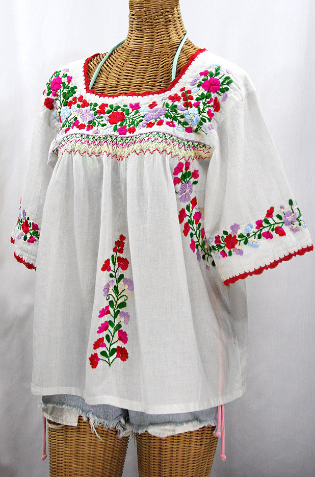 "La Marina" Embroidered Mexican Peasant Blouse -White + Bright Multi