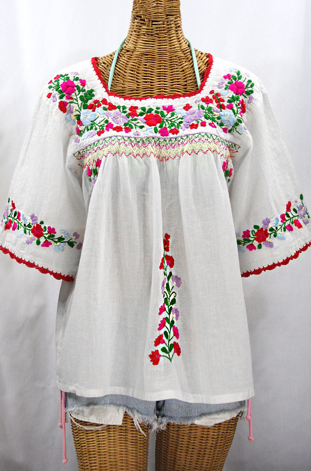 "La Marina" Embroidered Mexican Peasant Blouse -White + Bright Multi